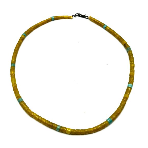 1970s-80s Santo Domingo Pueblo Hand-Rolled Gaspeite & Turquoise Necklace - Picture 2 of 8